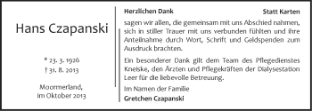 Traueranzeige von Hans Czapanski von Ostfriesischer Kurier