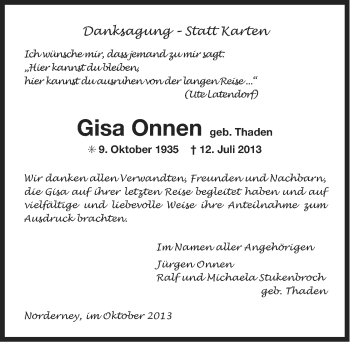 Traueranzeige von Gisa Onnen von Ostfriesischer Kurier