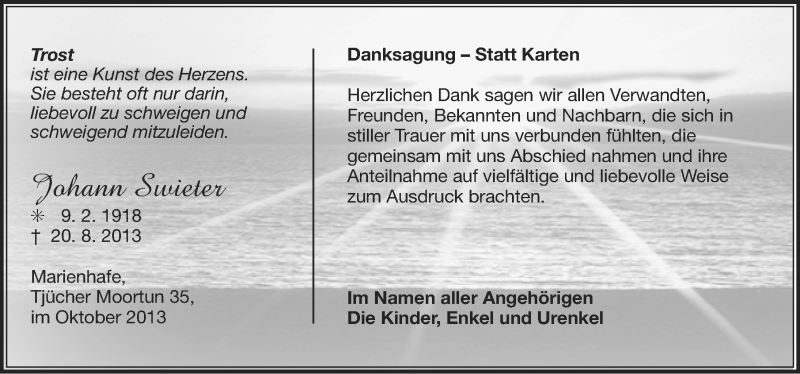  Traueranzeige für Johann Swieter vom 05.10.2013 aus Ostfriesischer Kurier