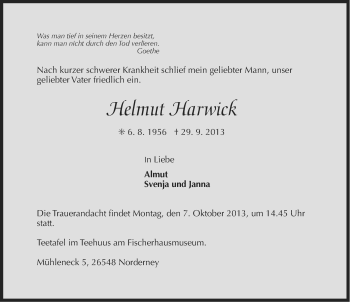 Traueranzeige von Helmut Harwick von Ostfriesischer Kurier