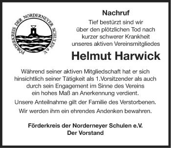 Traueranzeige von Helmut Harwick von Ostfriesischer Kurier
