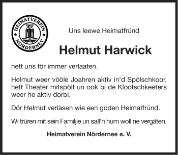 Traueranzeige von Helmut Harwick von Ostfriesischer Kurier