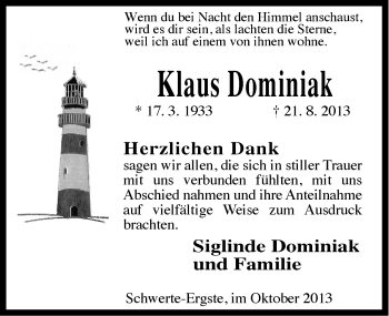 Traueranzeige von Klaus Dominiak von Ostfriesischer Kurier