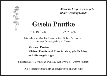 Traueranzeige von Gisela Pautke von Ostfriesischer Kurier