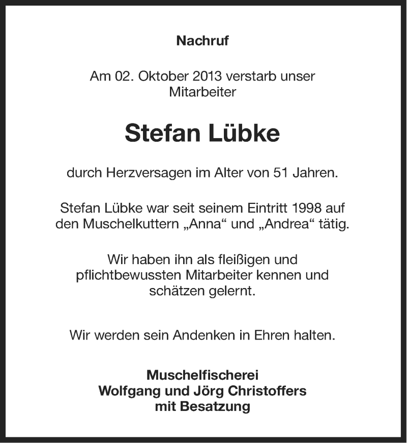  Traueranzeige für Stefan Lübke vom 05.10.2013 aus Ostfriesischer Kurier