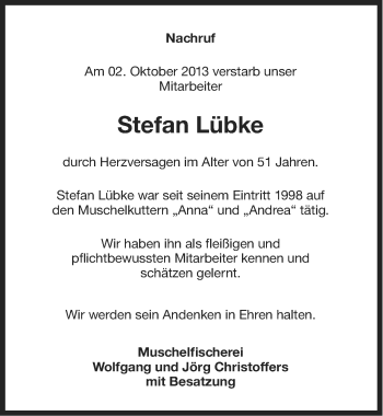 Traueranzeige von Stefan Lübke von Ostfriesischer Kurier