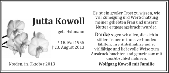Traueranzeige von Jutta Kowoll von Ostfriesischer Kurier