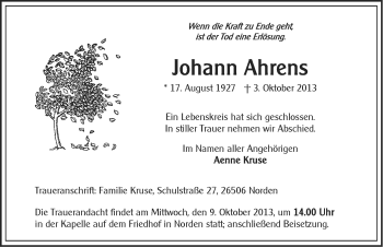 Traueranzeige von Johann Ahrens von Ostfriesischer Kurier