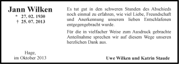 Traueranzeige von Jann Wilken von Ostfriesischer Kurier