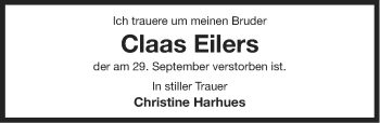 Traueranzeige von Claas Eilers von Ostfriesischer Kurier