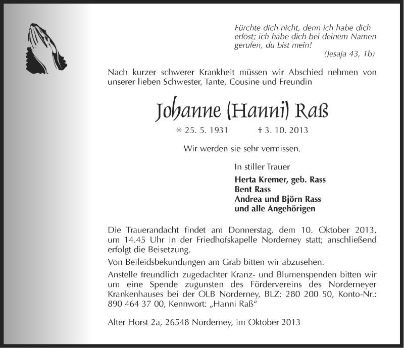  Traueranzeige für Johanne Raß vom 08.10.2013 aus Ostfriesischer Kurier