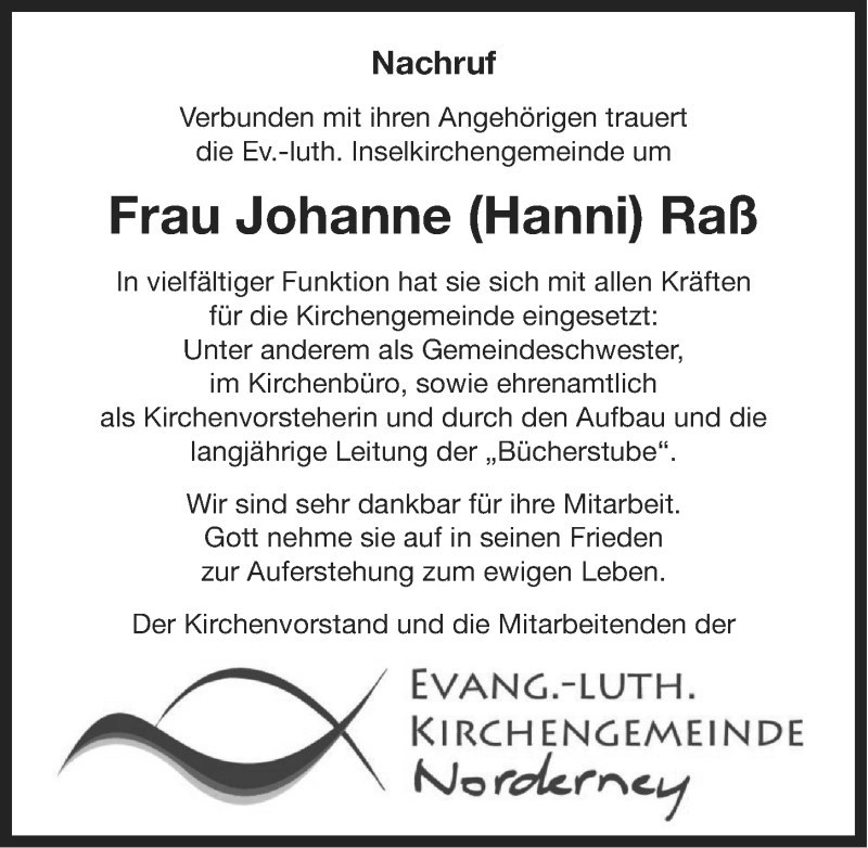  Traueranzeige für Johanne Raß vom 09.10.2013 aus Ostfriesischer Kurier