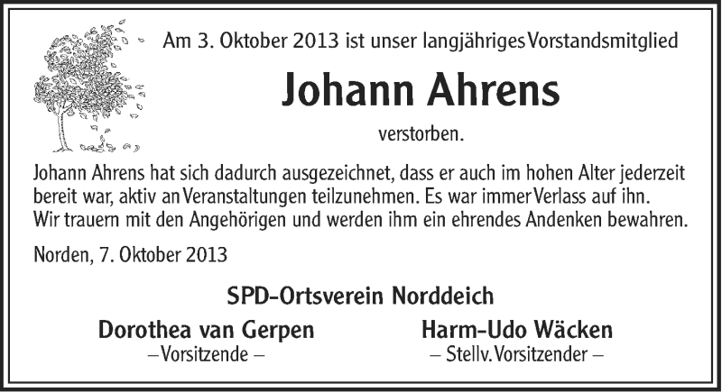  Traueranzeige für Johann Ahrens vom 08.10.2013 aus Ostfriesischer Kurier