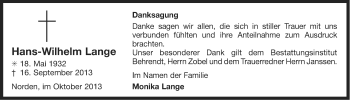 Traueranzeige von Hans-Wilhelm Lange von Ostfriesischer Kurier