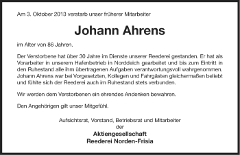 Traueranzeige von Johann Ahrens von Ostfriesischer Kurier
