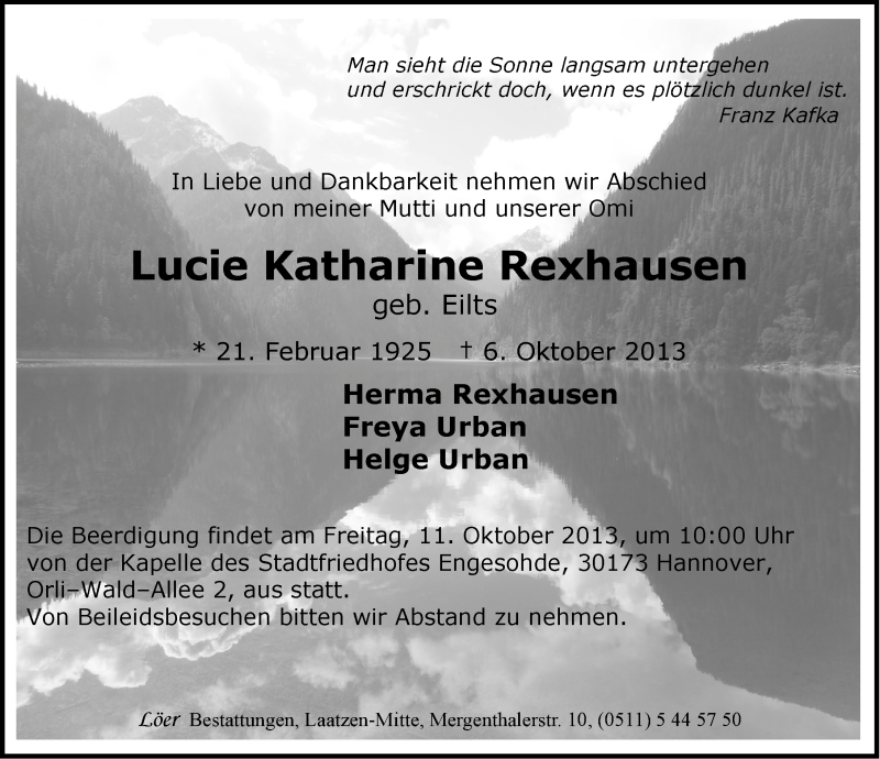  Traueranzeige für Lucie Katharine Rexhausen vom 08.10.2013 aus Ostfriesischer Kurier