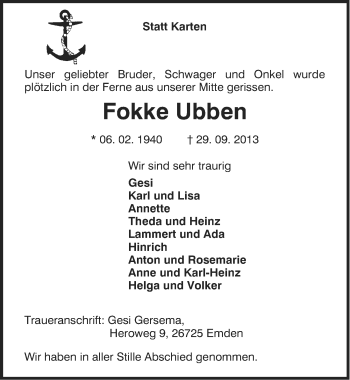 Traueranzeige von Fokke Ubben von Ostfriesischer Kurier