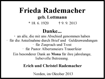 Traueranzeige von Frieda Rademacher von Ostfriesischer Kurier