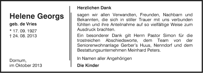  Traueranzeige für Helene Georgs vom 12.10.2013 aus Ostfriesischer Kurier