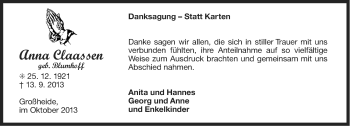Traueranzeige von Anna Claassen von Ostfriesischer Kurier