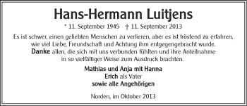 Traueranzeige von Hans-Hermann Luitjens von Ostfriesischer Kurier