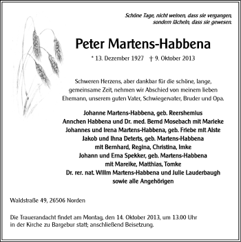 Traueranzeige von Peter Martens-Habbena von Ostfriesischer Kurier