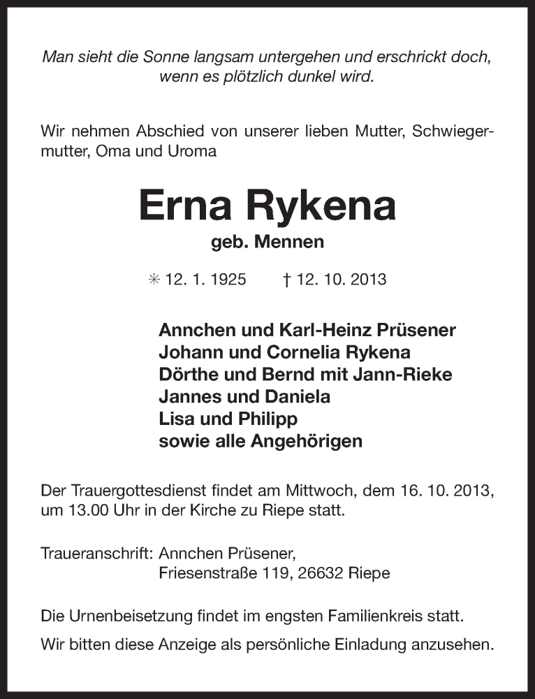  Traueranzeige für Erna Rykena vom 16.10.2013 aus Ostfriesischer Kurier
