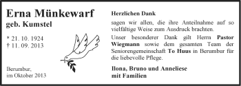 Traueranzeige von Erna Münkewarf von Ostfriesischer Kurier