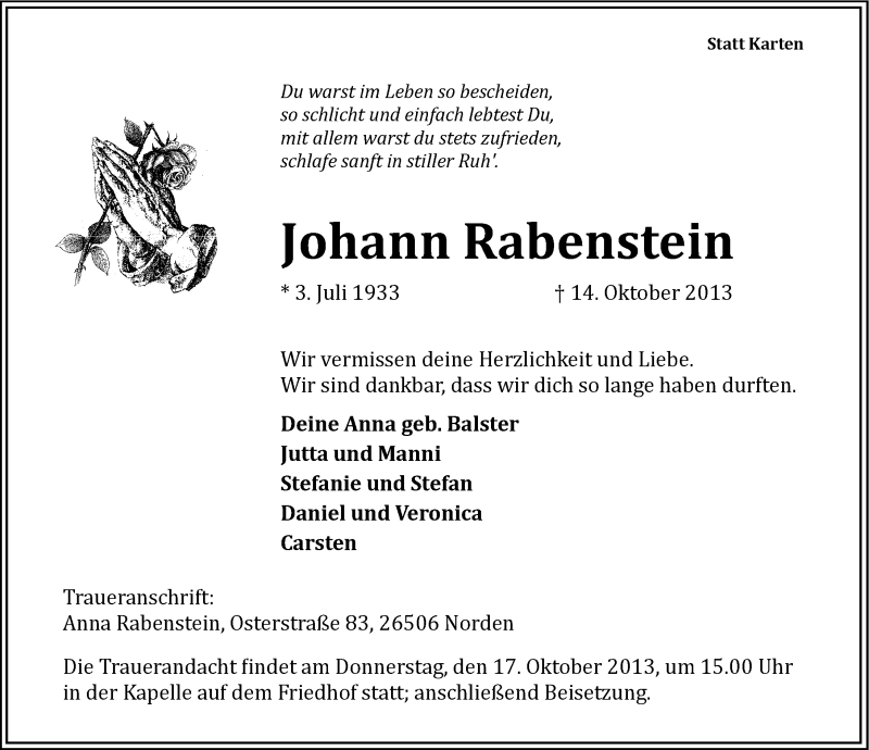  Traueranzeige für Johann Rabenstein vom 16.10.2013 aus Ostfriesischer Kurier
