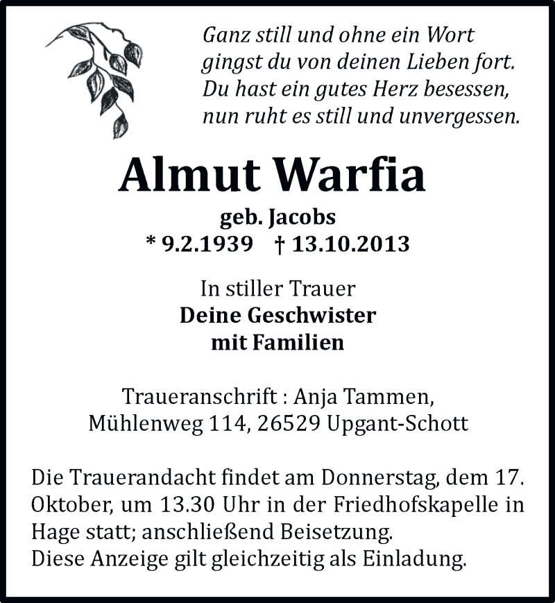  Traueranzeige für Almut Warfia vom 16.10.2013 aus Ostfriesischer Kurier