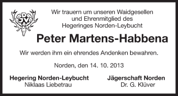Traueranzeige von Peter Martens-Habbena von Ostfriesischer Kurier