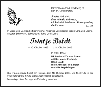 Traueranzeige von Trintje Boldt von Ostfriesischer Kurier