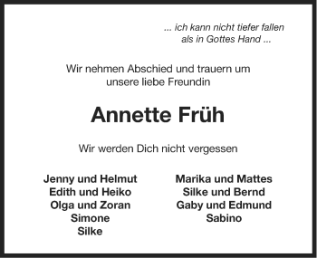 Traueranzeige von Annette Früh von Ostfriesischer Kurier