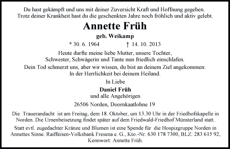  Traueranzeige für Annette Früh vom 16.10.2013 aus Ostfriesischer Kurier