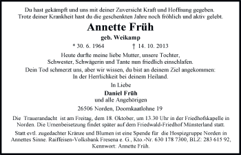 Traueranzeige von Annette Früh von Ostfriesischer Kurier