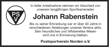 Traueranzeige von Johann Rabenstein von Ostfriesischer Kurier