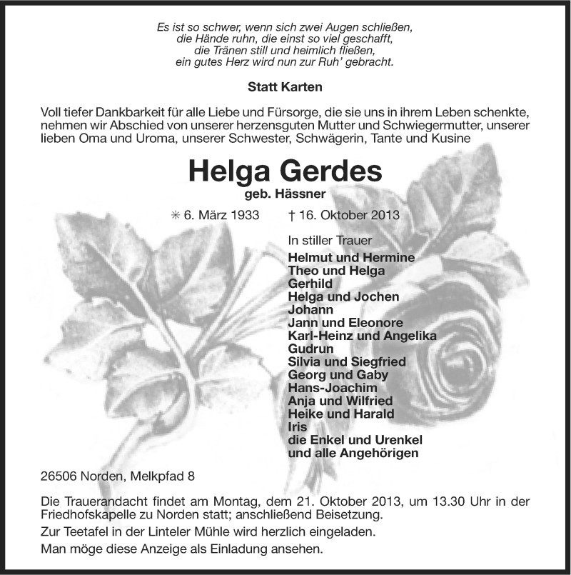  Traueranzeige für Helga Gerdes vom 17.10.2013 aus Ostfriesischer Kurier