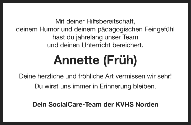  Traueranzeige für Annette Früh vom 18.10.2013 aus Ostfriesischer Kurier