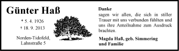 Traueranzeige von Günter Haß von Ostfriesischer Kurier