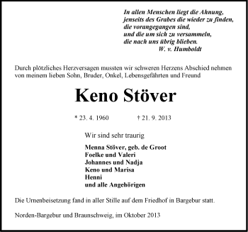 Traueranzeige von Keno Stöver von Ostfriesischer Kurier