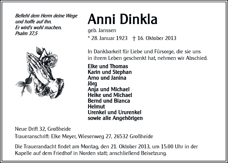  Traueranzeige für Anni Dinkla vom 18.10.2013 aus Ostfriesischer Kurier