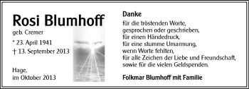 Traueranzeige von Rosi Blumhoff von Ostfriesischer Kurier