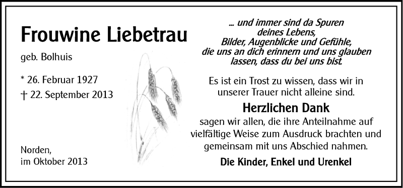  Traueranzeige für Frouwine Liebetrau vom 19.10.2013 aus Ostfriesischer Kurier