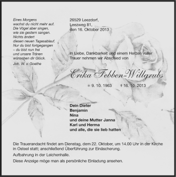 Traueranzeige von Erika Tebben-Willgrubs von Ostfriesischer Kurier