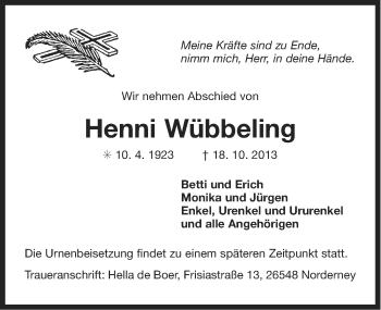 Traueranzeige von Henni Wübbeling von Ostfriesischer Kurier