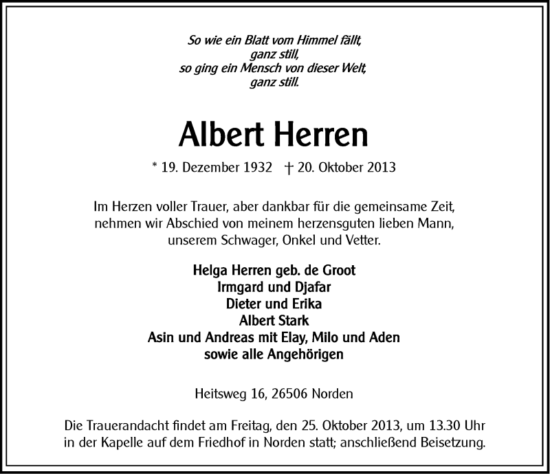  Traueranzeige für Albert Herren vom 22.10.2013 aus Ostfriesischer Kurier