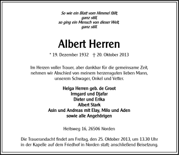 Traueranzeige von Albert Herren von Ostfriesischer Kurier