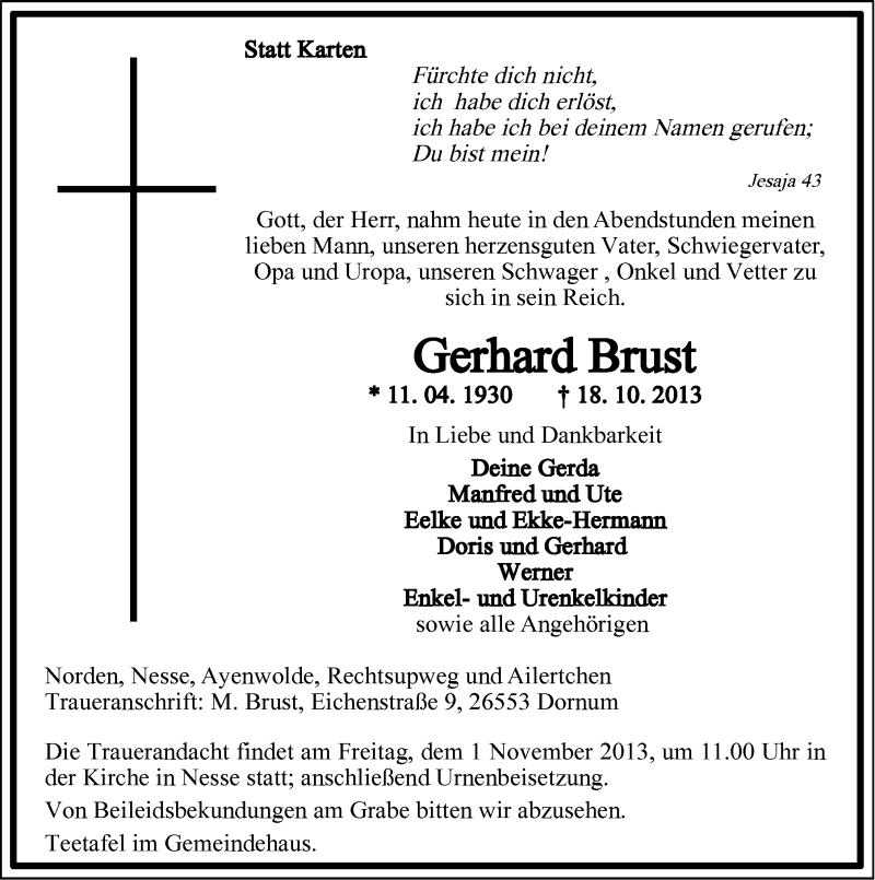 Traueranzeige für Gerhard Brust vom 22.10.2013 aus Ostfriesischer Kurier