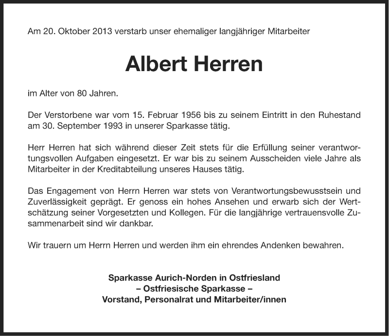  Traueranzeige für Albert Herren vom 23.10.2013 aus Ostfriesischer Kurier