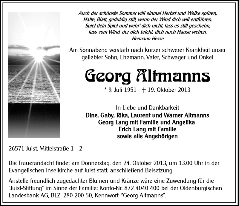  Traueranzeige für Georg Altmanns vom 23.10.2013 aus Ostfriesischer Kurier